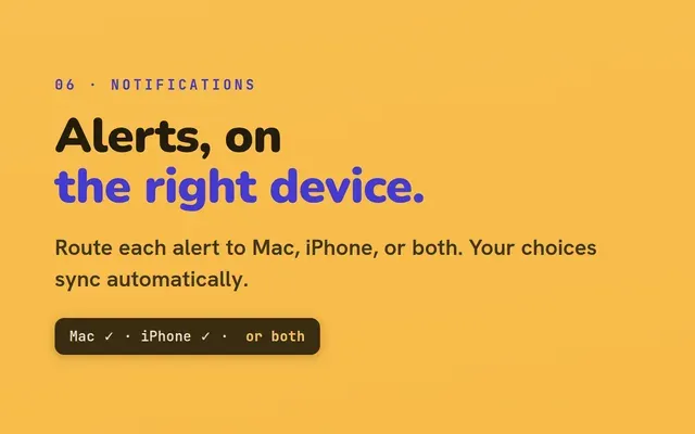 Awake Qubit store screenshot showing notification routing options between Mac and iPhone.