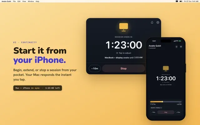 Awake Qubit store screenshot reading "Start it from your iPhone", showing a Mac and an iPhone counting down the same session.