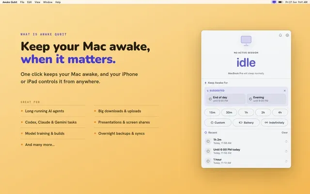Awake Qubit store screenshot reading "Keep your Mac awake, when it matters", beside the idle popover.