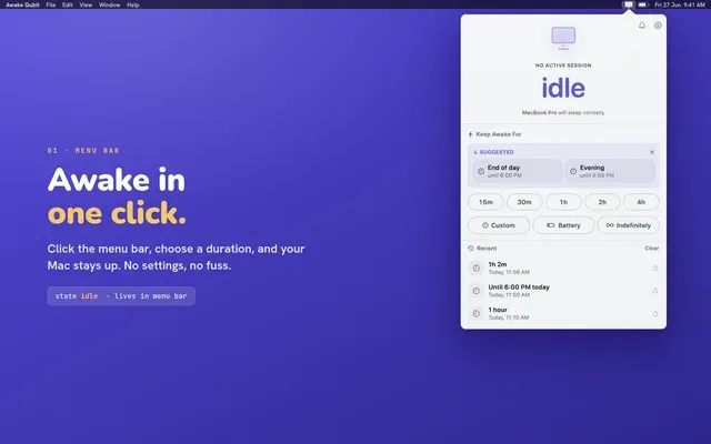 Awake Qubit store screenshot showing the menu bar popover opening in one click.