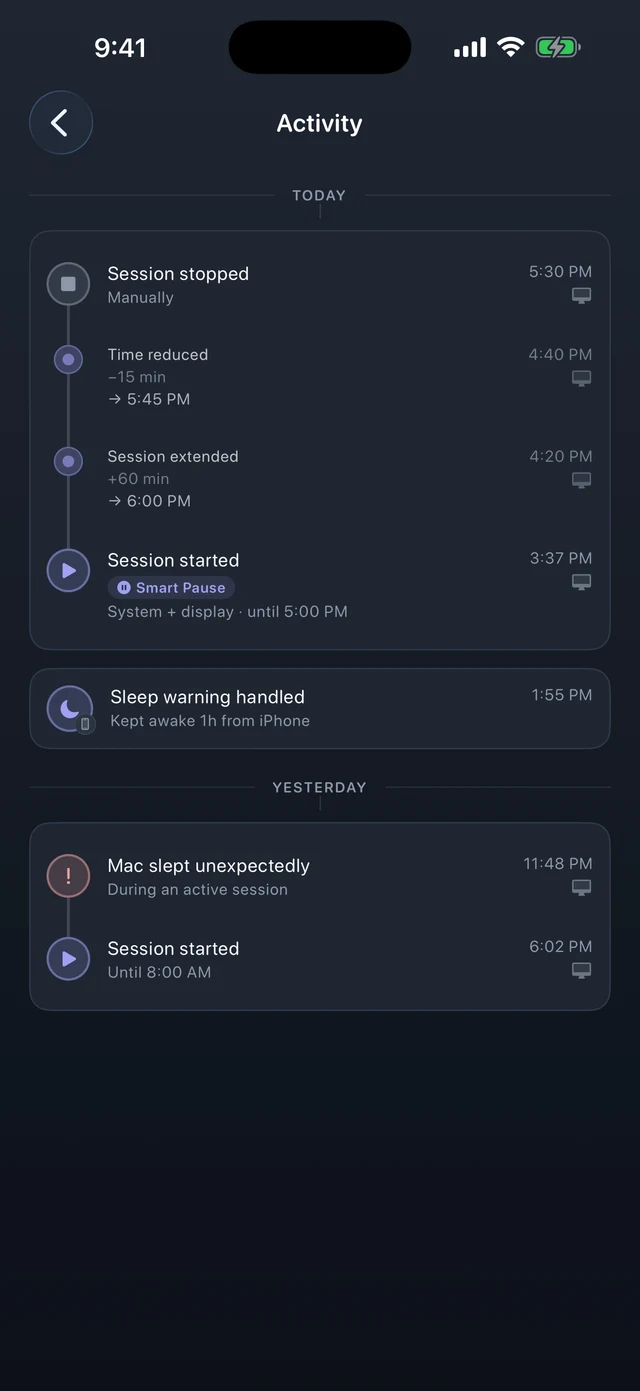 The Awake Qubit activity feed on iPhone, listing session events with timestamps, including a session extended from iPhone, a sleep warning handled, and a Mac that slept unexpectedly.