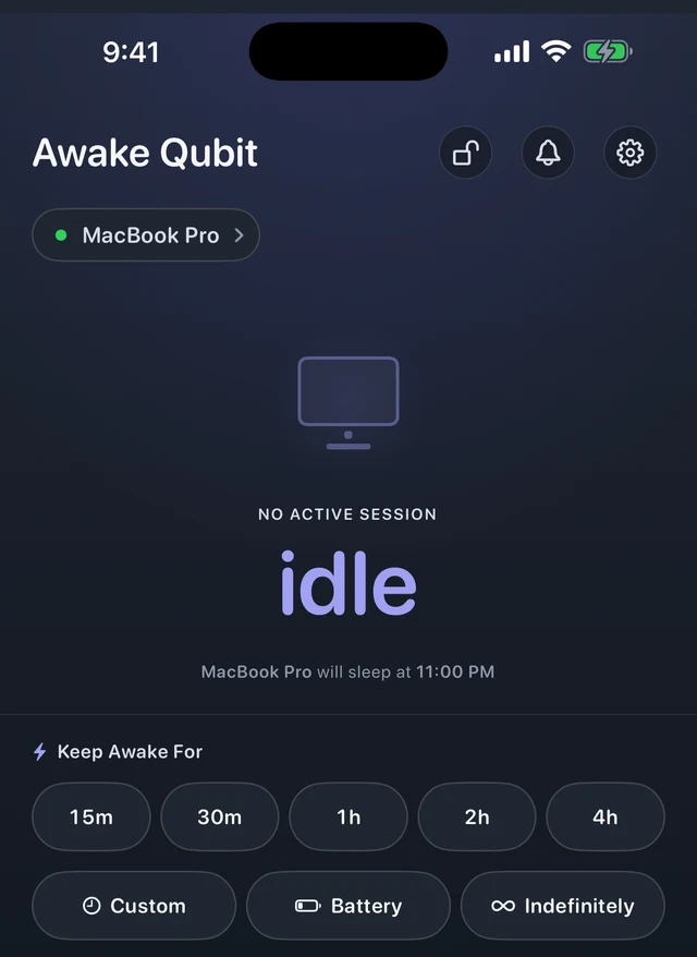 Awake Qubit on iPhone, idle, showing the paired Mac in a status pill and preset durations alongside Custom, Battery and Indefinitely.