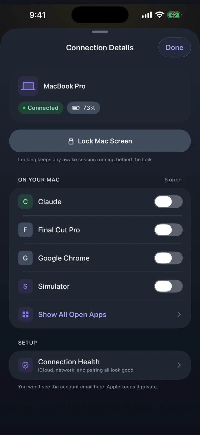 The Awake Qubit connection details sheet on iPhone, showing the paired Mac as connected with its battery level, a Lock Mac Screen button, and the apps currently running on the Mac.