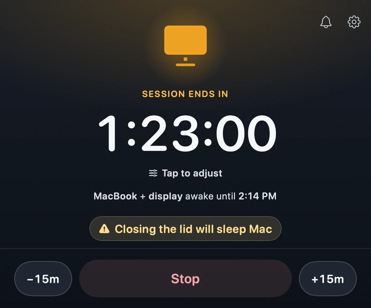 The Awake Qubit popover on macOS running a timed session, counting down 1:23:00, showing when the Mac stays awake until, and offering minus 15 minutes, Stop, and plus 15 minutes.