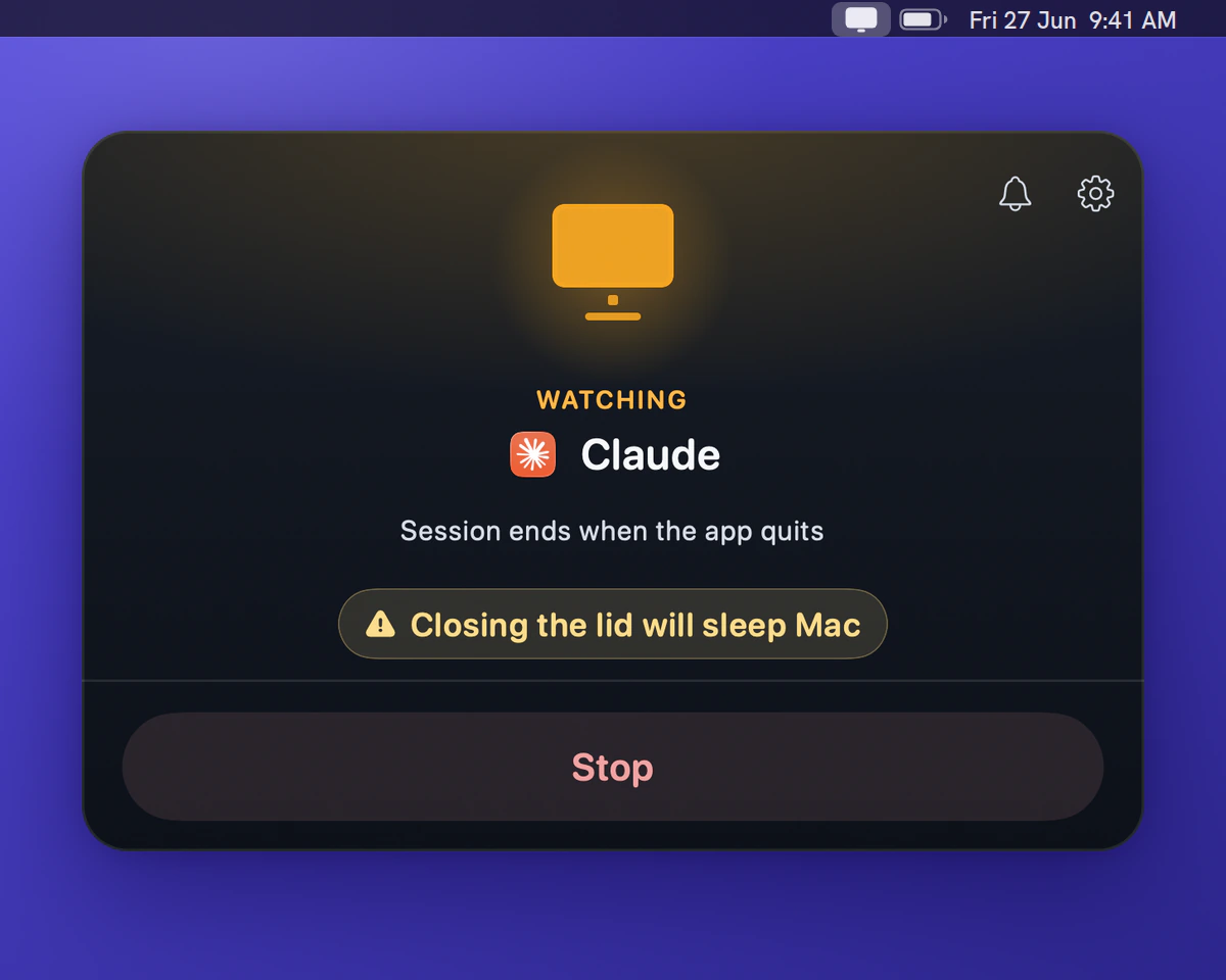 The Awake Qubit popover open beneath the macOS menu bar with its icon highlighted, watching Claude, reading "Session ends when the app quits", with a caution that closing the lid will sleep the Mac and a Stop button.