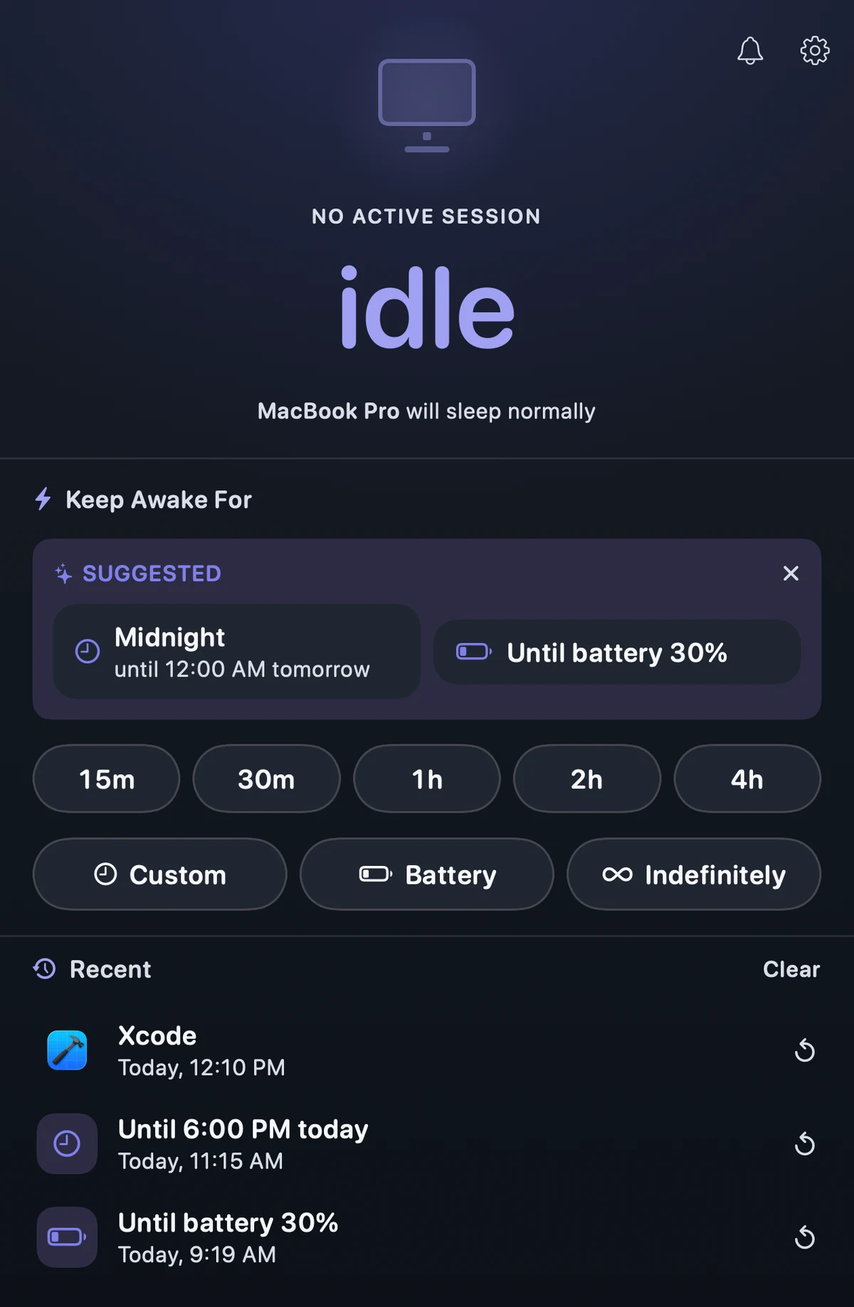 The Awake Qubit menu bar popover on macOS, idle, showing suggested durations, preset timers from 15 minutes to 4 hours, Custom, Battery and Indefinitely options, and a Recent list.